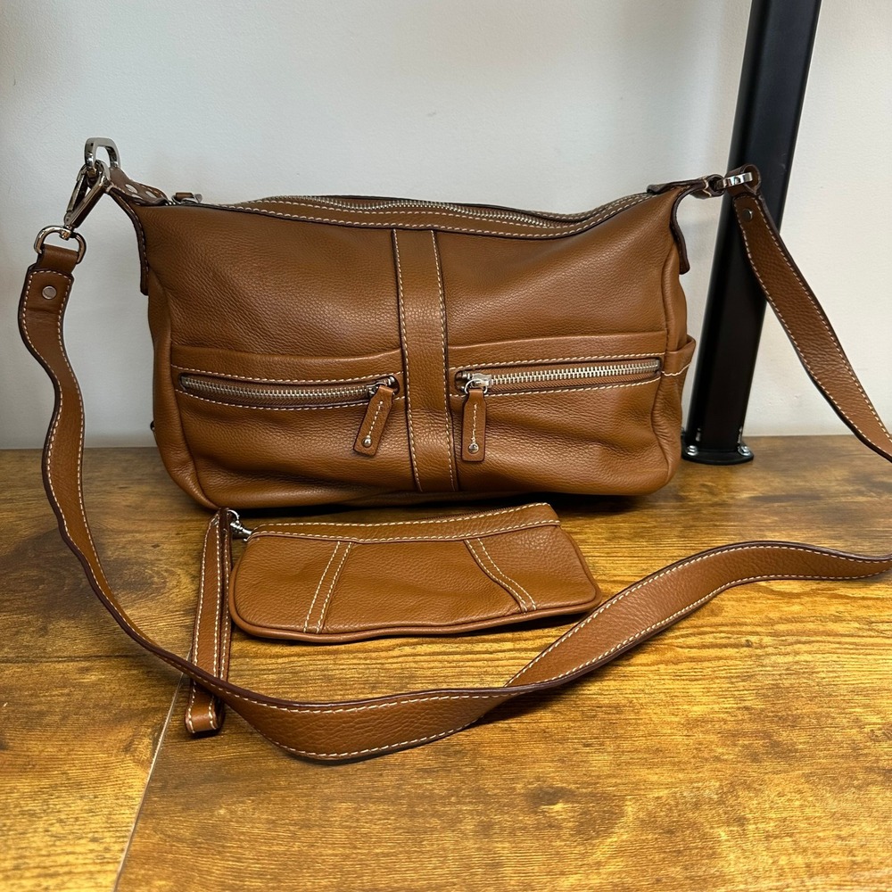 Cognac Brown Pebbled Leather Shoulder Bag with Matching Wristlet Pouch Set